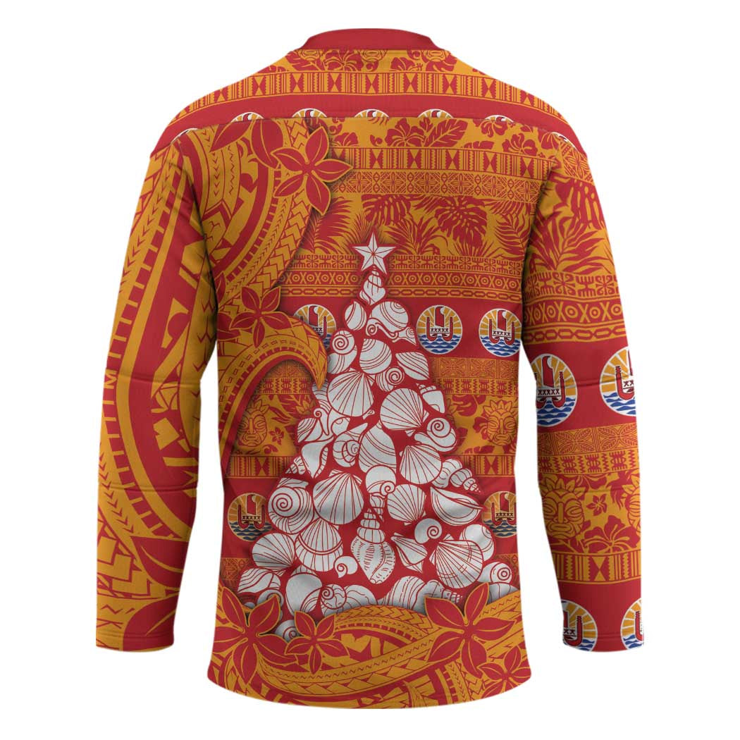 French Polynesia Christmas Hockey Jersey Seashell Xmas Tree Tribal Waves - Polynesian Pride