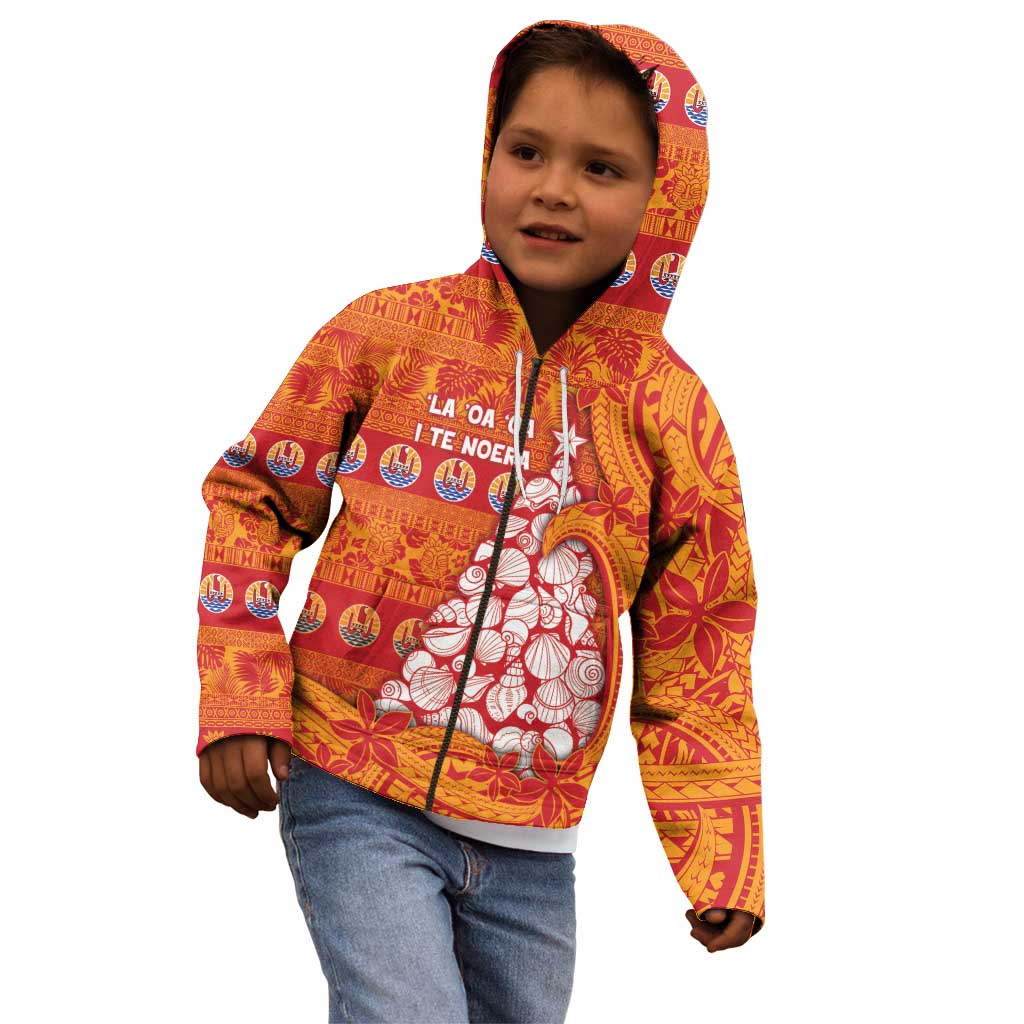 French Polynesia Christmas Kid Hoodie Seashell Xmas Tree Tribal Waves - Polynesian Pride