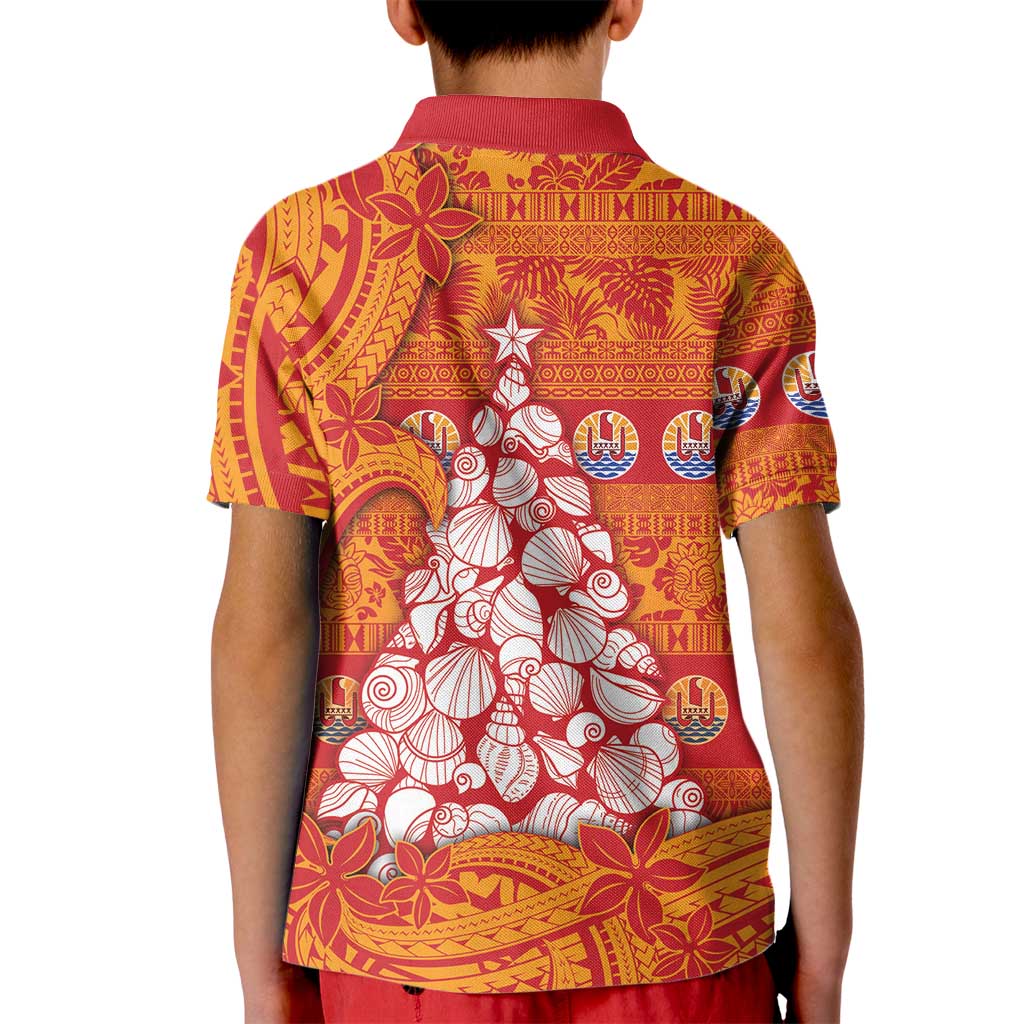 French Polynesia Christmas Kid Polo Shirt Seashell Xmas Tree Tribal Waves - Polynesian Pride