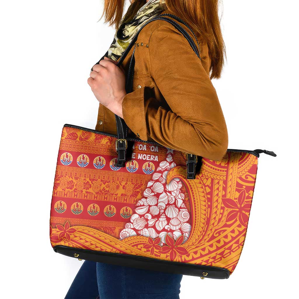 French Polynesia Christmas Leather Tote Bag Seashell Xmas Tree Tribal Waves - Polynesian Pride