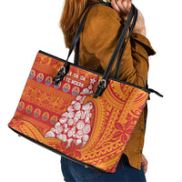 French Polynesia Christmas Leather Tote Bag Seashell Xmas Tree Tribal Waves - Polynesian Pride