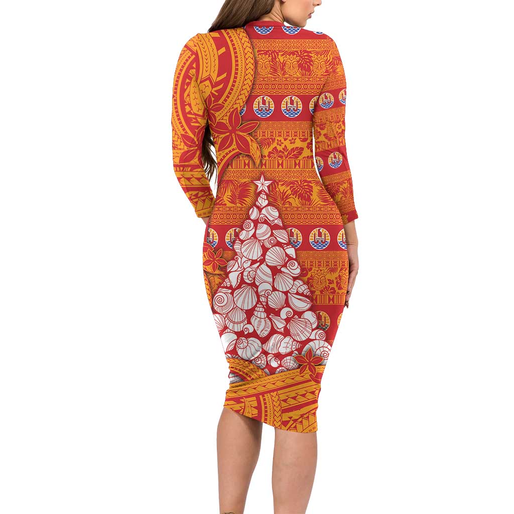 French Polynesia Christmas Long Sleeve Bodycon Dress Seashell Xmas Tree Tribal Waves - Polynesian Pride