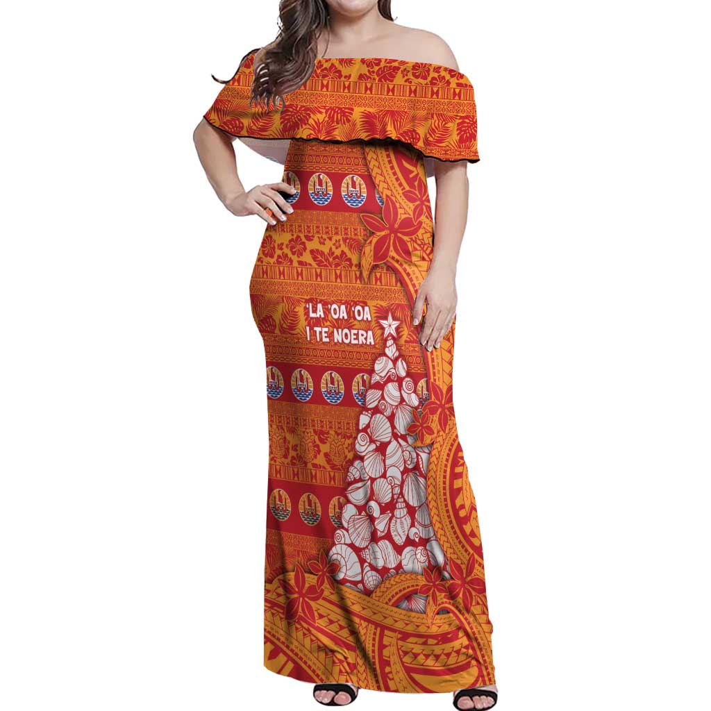French Polynesia Christmas Off Shoulder Maxi Dress Seashell Xmas Tree Tribal Waves - Polynesian Pride
