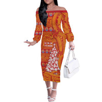 French Polynesia Christmas Off The Shoulder Long Sleeve Dress Seashell Xmas Tree Tribal Waves - Polynesian Pride