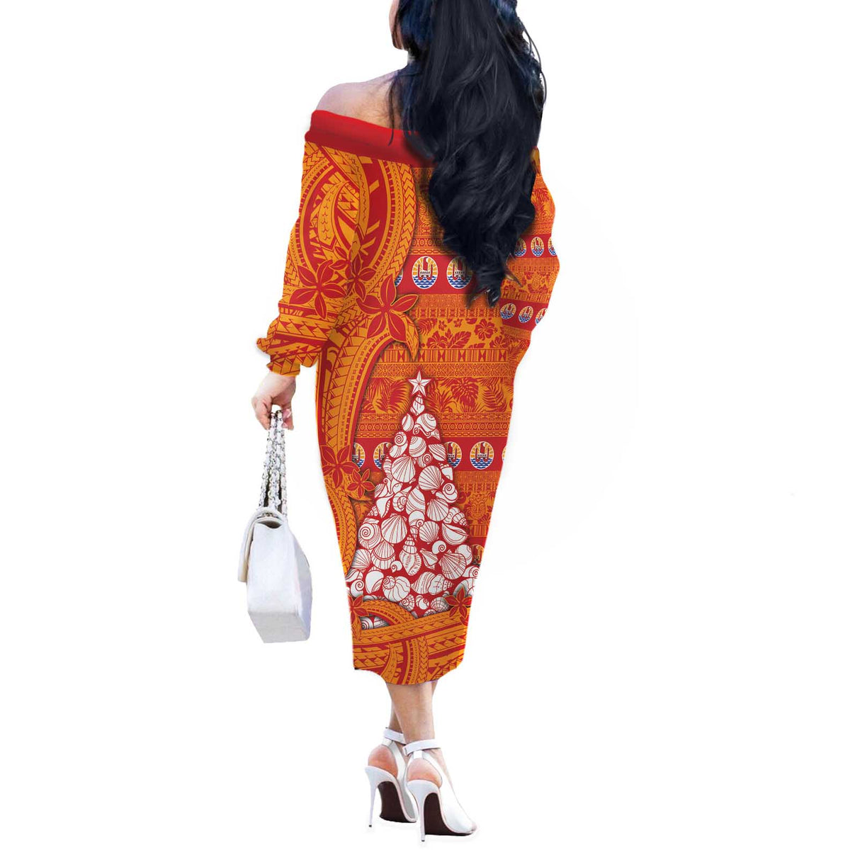 French Polynesia Christmas Off The Shoulder Long Sleeve Dress Seashell Xmas Tree Tribal Waves - Polynesian Pride