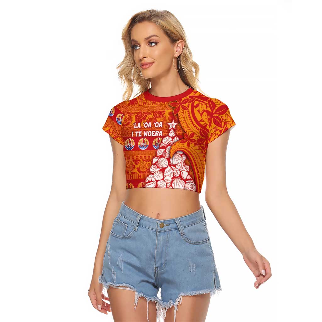 French Polynesia Christmas Raglan Cropped T Shirt Seashell Xmas Tree Tribal Waves - Polynesian Pride