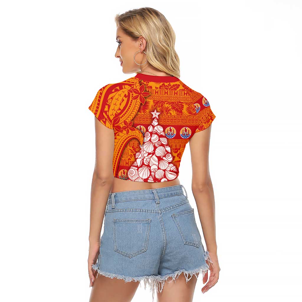 French Polynesia Christmas Raglan Cropped T Shirt Seashell Xmas Tree Tribal Waves - Polynesian Pride