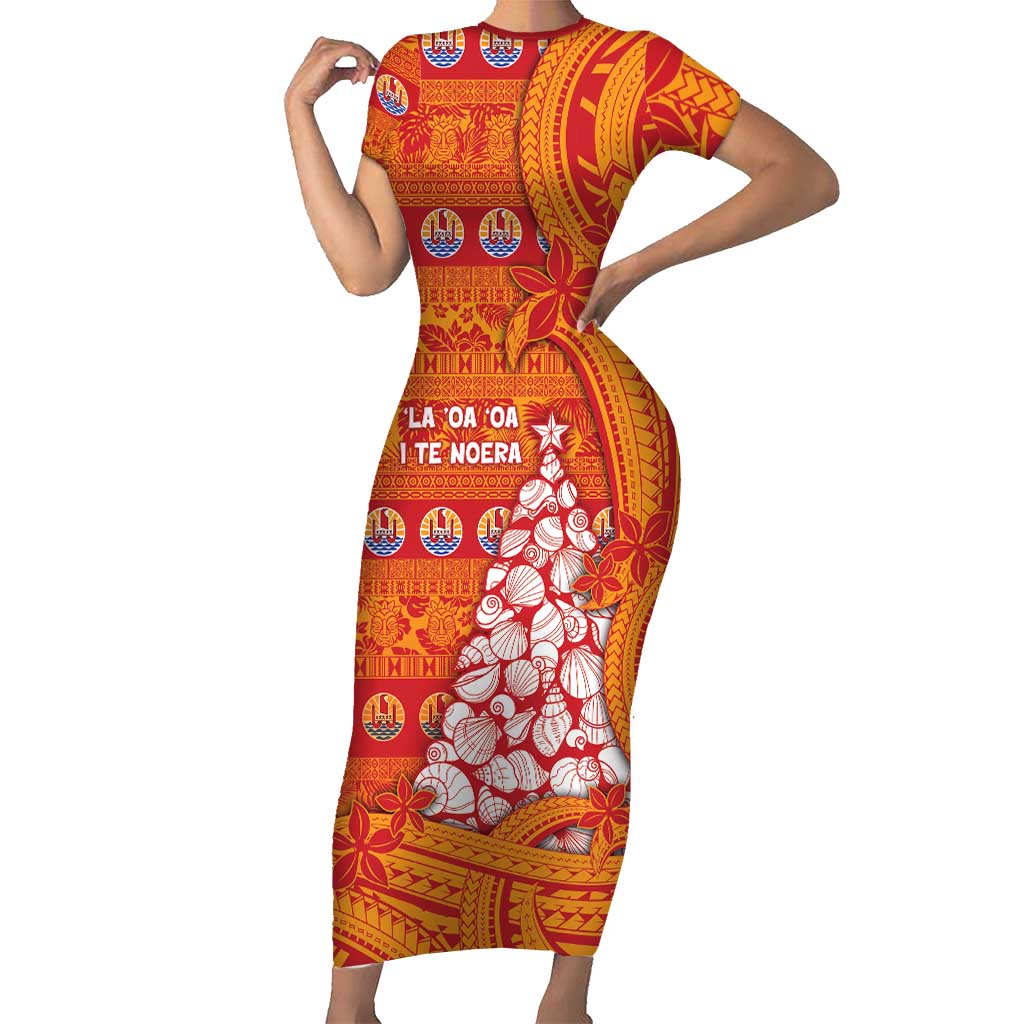 French Polynesia Christmas Short Sleeve Bodycon Dress Seashell Xmas Tree Tribal Waves - Polynesian Pride