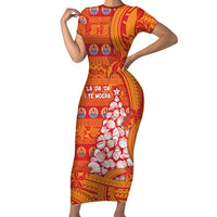 French Polynesia Christmas Short Sleeve Bodycon Dress Seashell Xmas Tree Tribal Waves - Polynesian Pride