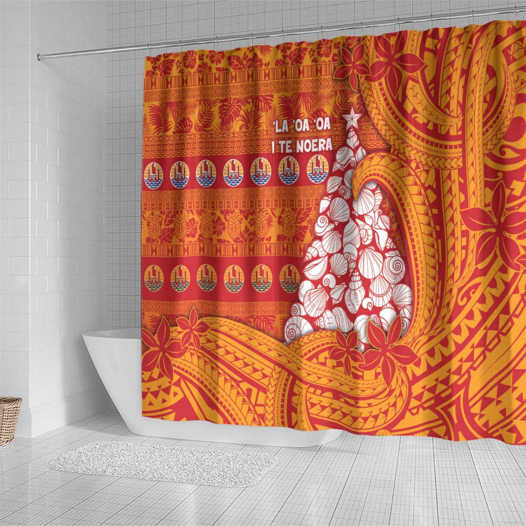 French Polynesia Christmas Shower Curtain Seashell Xmas Tree Tribal Waves - Polynesian Pride