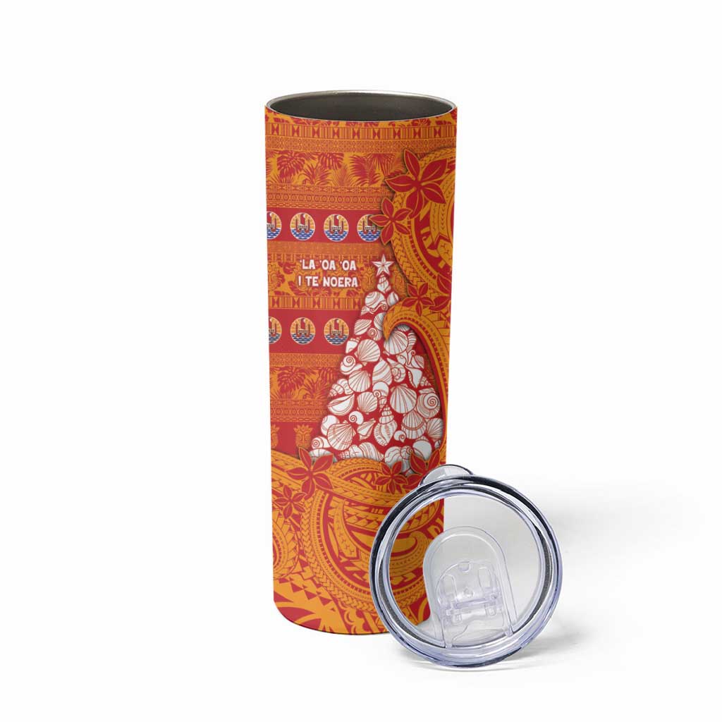 French Polynesia Christmas Skinny Tumbler Seashell Xmas Tree Tribal Waves - Polynesian Pride
