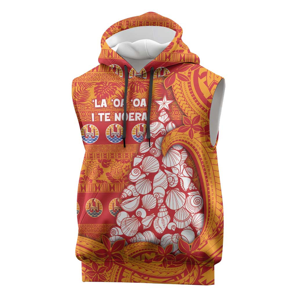French Polynesia Christmas Sleeveless Hoodie Seashell Xmas Tree Tribal Waves - Polynesian Pride