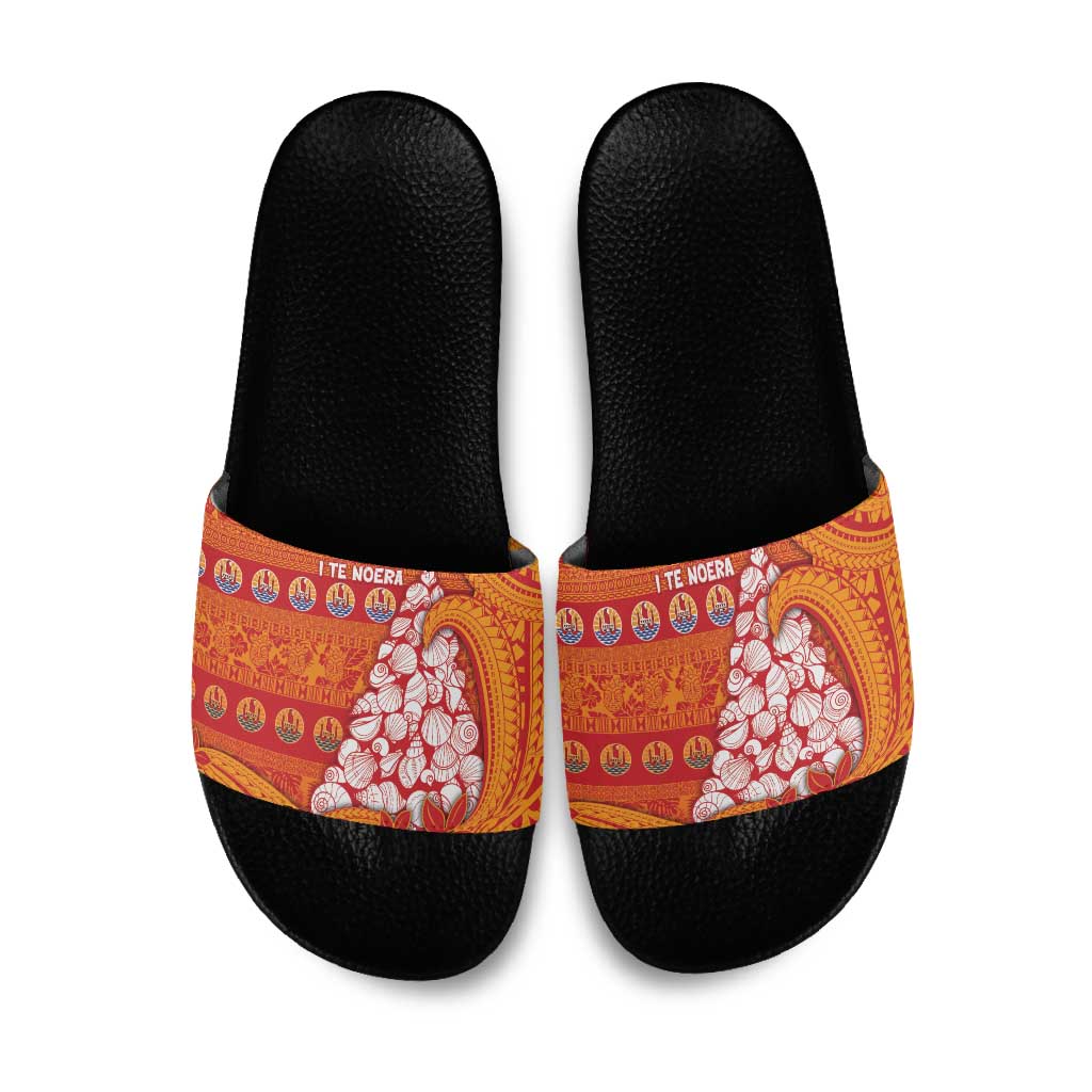 French Polynesia Christmas Slide Sandals Seashell Xmas Tree Tribal Waves - Polynesian Pride