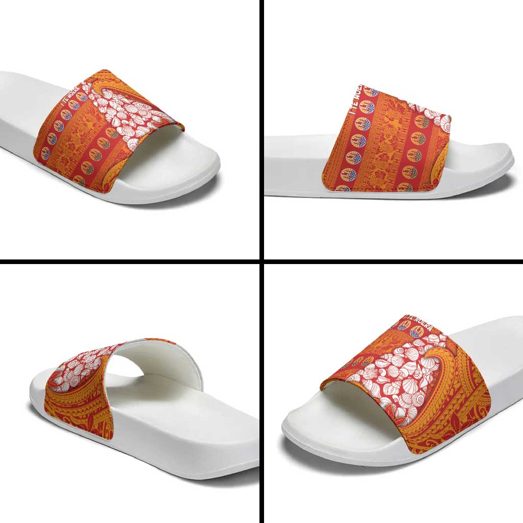 French Polynesia Christmas Slide Sandals Seashell Xmas Tree Tribal Waves - Polynesian Pride