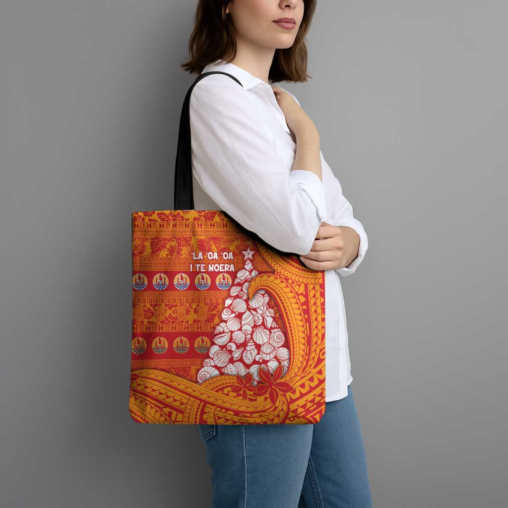 French Polynesia Christmas Tote Bag Seashell Xmas Tree Tribal Waves - Polynesian Pride