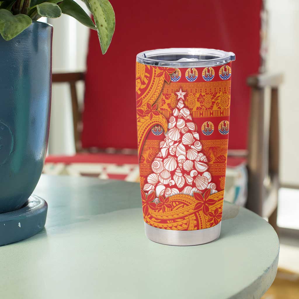 French Polynesia Christmas Tumbler Cup Seashell Xmas Tree Tribal Waves - Polynesian Pride