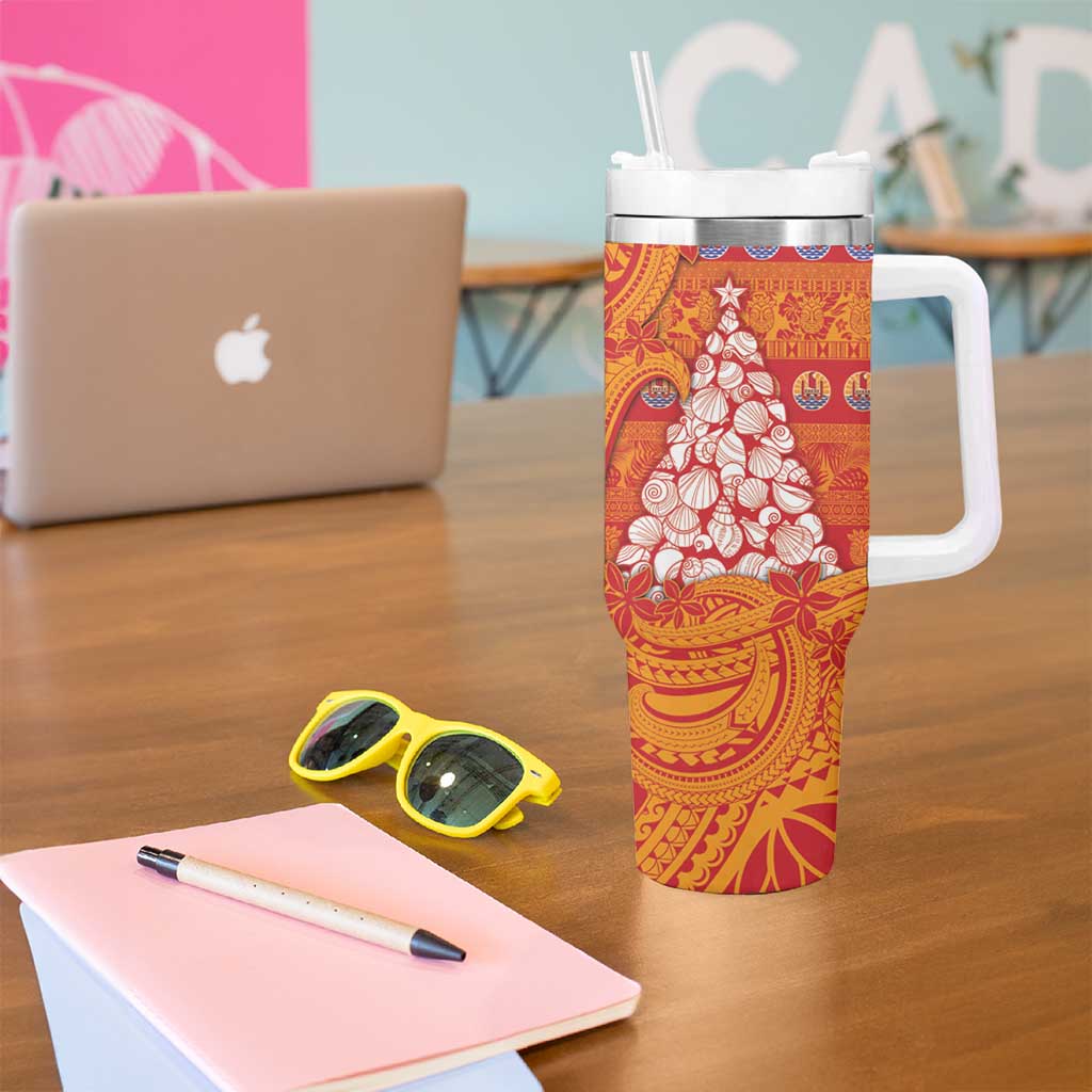 French Polynesia Christmas Tumbler With Handle Seashell Xmas Tree Tribal Waves - Polynesian Pride