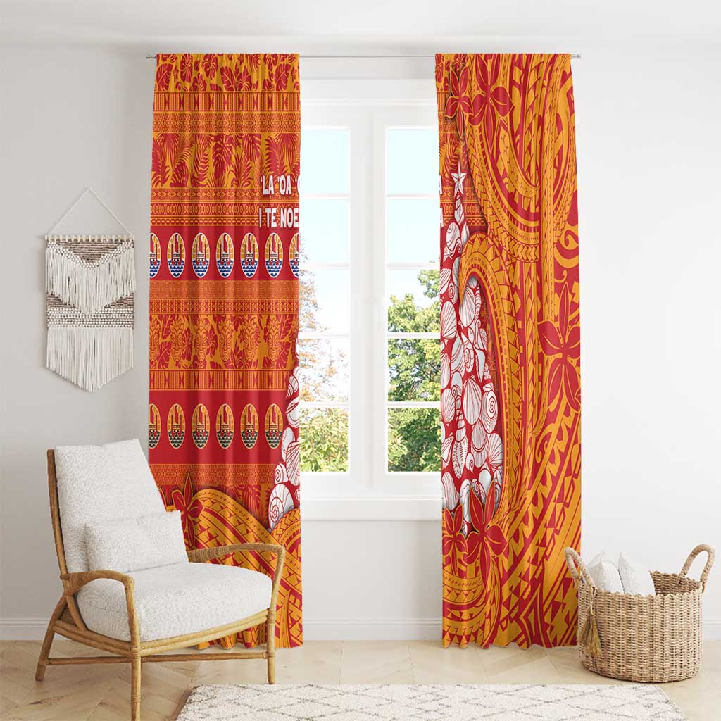 French Polynesia Christmas Window Curtain Seashell Xmas Tree Tribal Waves - Polynesian Pride