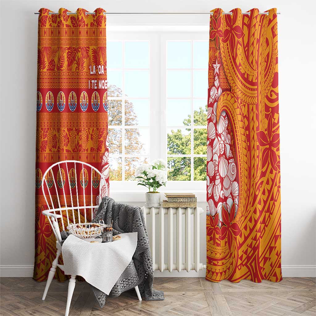 French Polynesia Christmas Window Curtain Seashell Xmas Tree Tribal Waves - Polynesian Pride