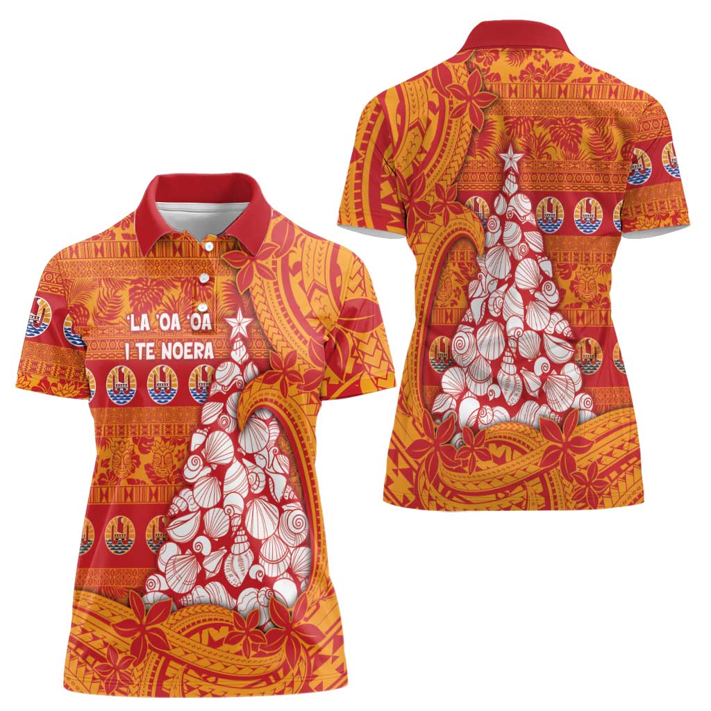 French Polynesia Christmas Women Polo Shirt Seashell Xmas Tree Tribal Waves - Polynesian Pride