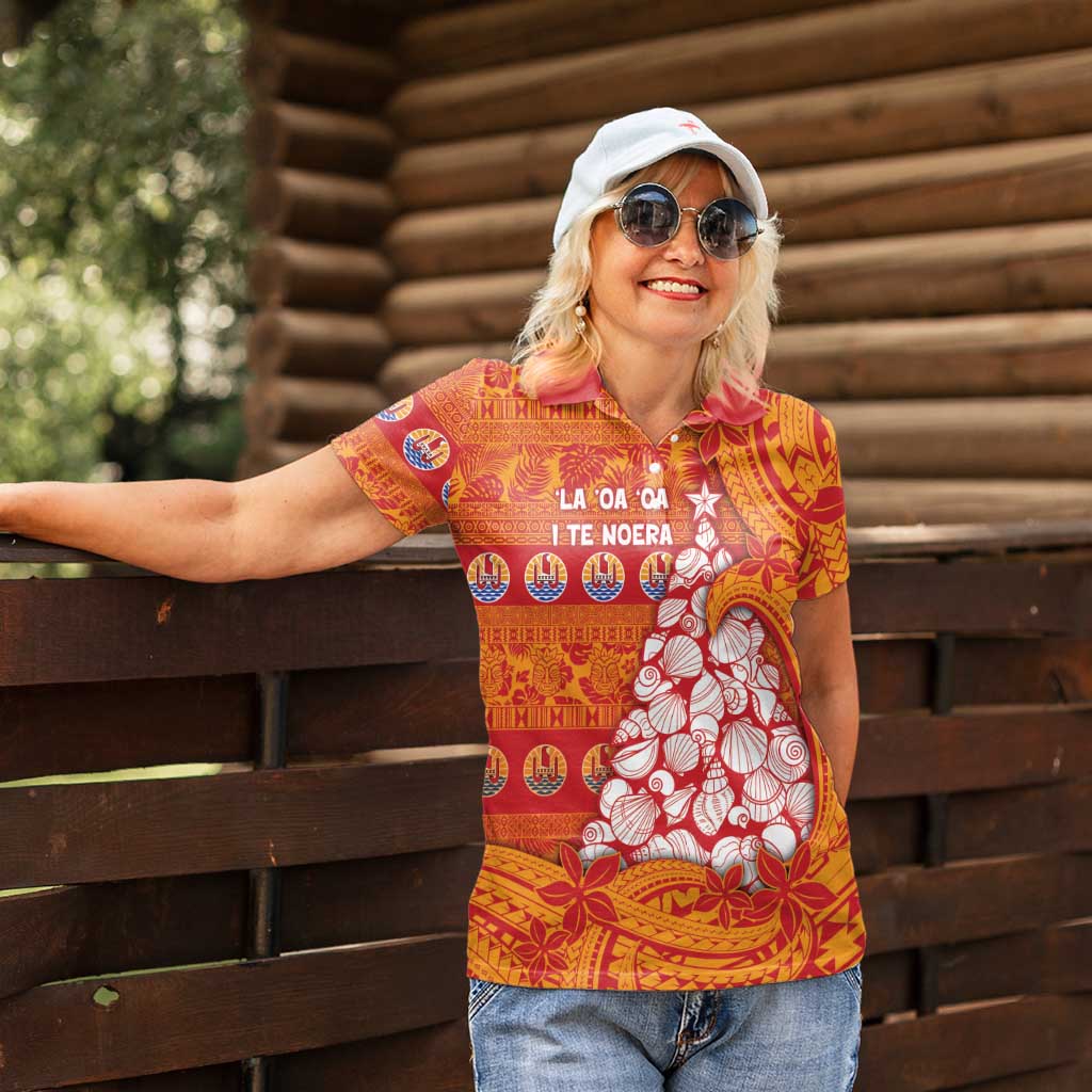French Polynesia Christmas Women Polo Shirt Seashell Xmas Tree Tribal Waves - Polynesian Pride