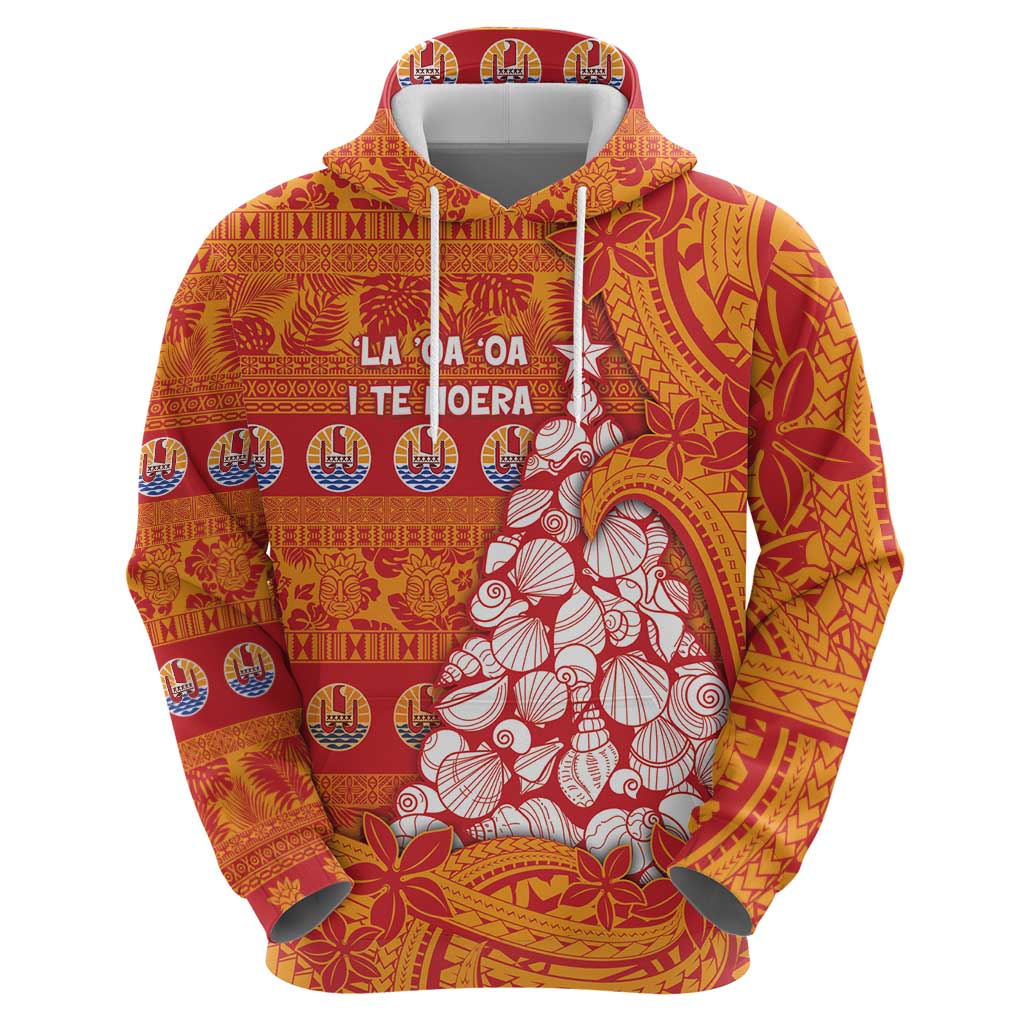 French Polynesia Christmas Zip Hoodie Seashell Xmas Tree Tribal Waves - Polynesian Pride