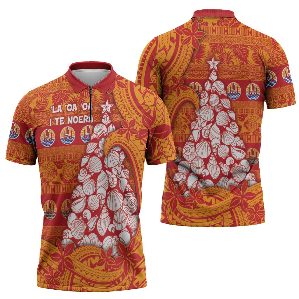 French Polynesia Christmas Zipper Polo Shirt Seashell Xmas Tree Tribal Waves - Polynesian Pride
