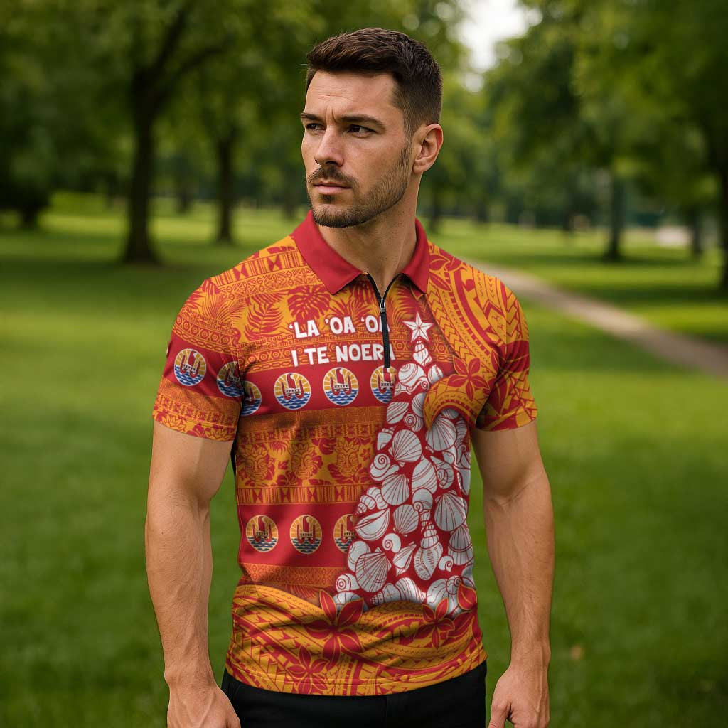 French Polynesia Christmas Zipper Polo Shirt Seashell Xmas Tree Tribal Waves - Polynesian Pride
