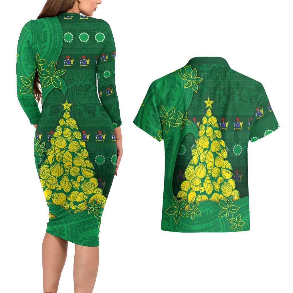 Cook Islands Christmas Couples Matching Long Sleeve Bodycon Dress and Hawaiian Shirt Seashell Xmas Tree Tribal Waves - Polynesian Pride
