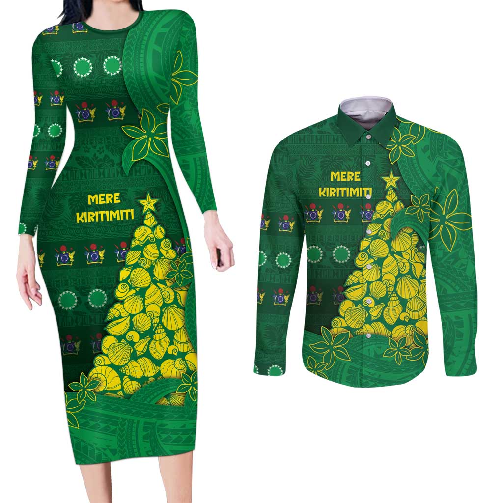 Cook Islands Christmas Couples Matching Long Sleeve Bodycon Dress and Long Sleeve Button Shirt Seashell Xmas Tree Tribal Waves - Polynesian Pride