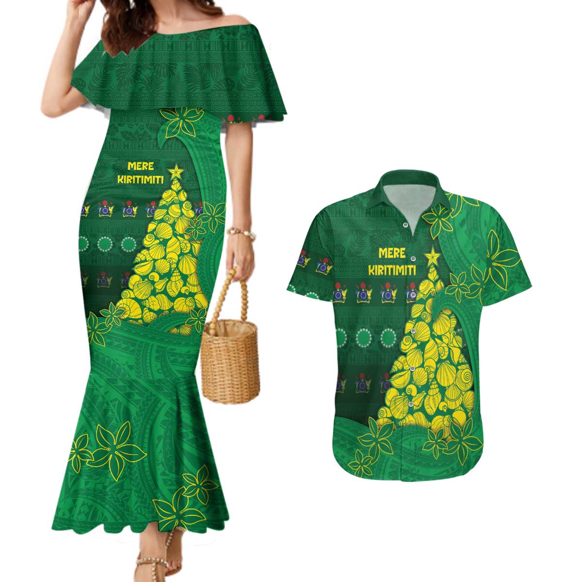 Cook Islands Christmas Couples Matching Mermaid Dress and Hawaiian Shirt Seashell Xmas Tree Tribal Waves - Polynesian Pride