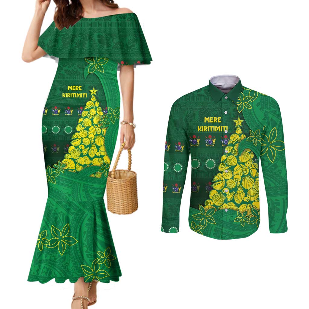 Cook Islands Christmas Couples Matching Mermaid Dress and Long Sleeve Button Shirt Seashell Xmas Tree Tribal Waves - Polynesian Pride
