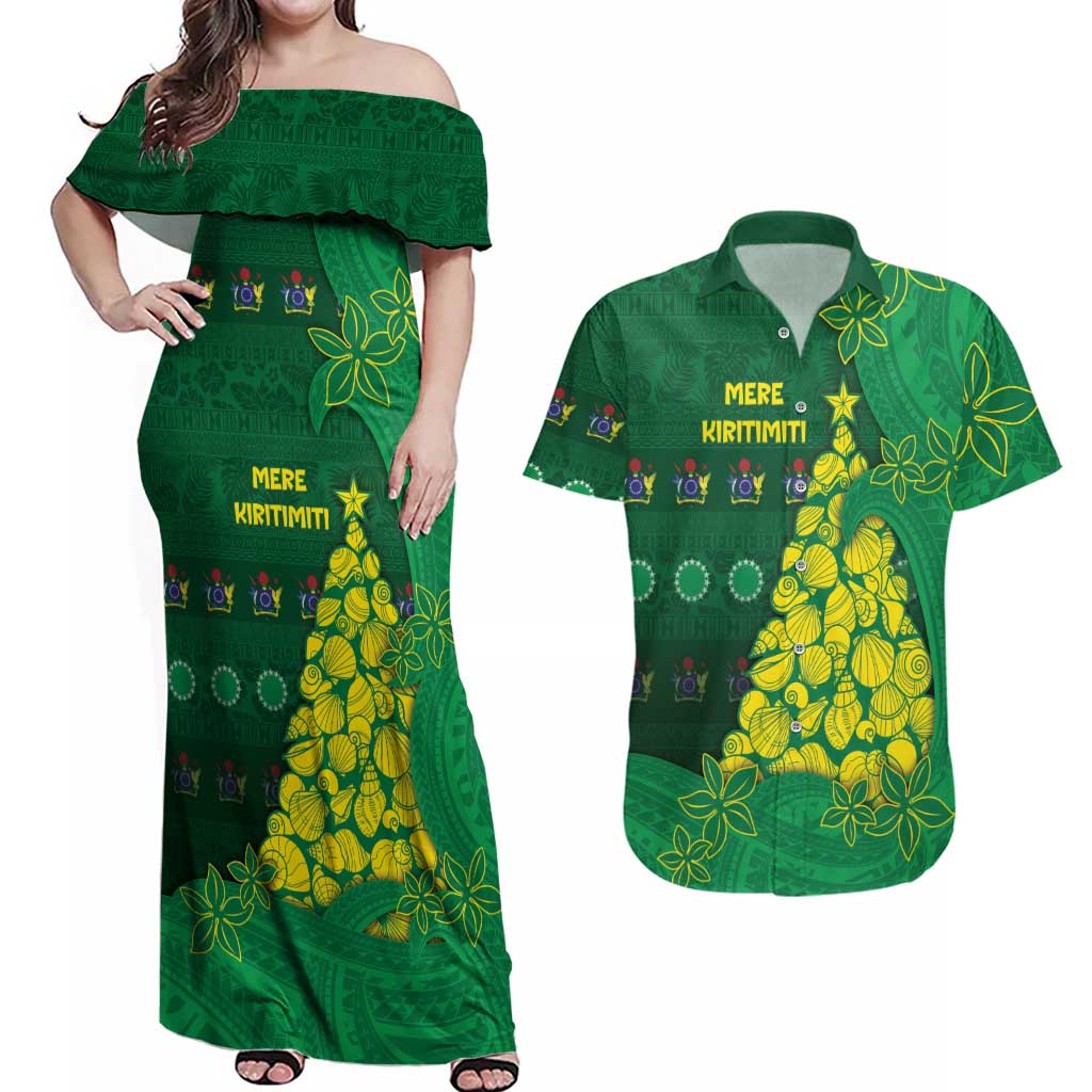 Cook Islands Christmas Couples Matching Off Shoulder Maxi Dress and Hawaiian Shirt Seashell Xmas Tree Tribal Waves - Polynesian Pride