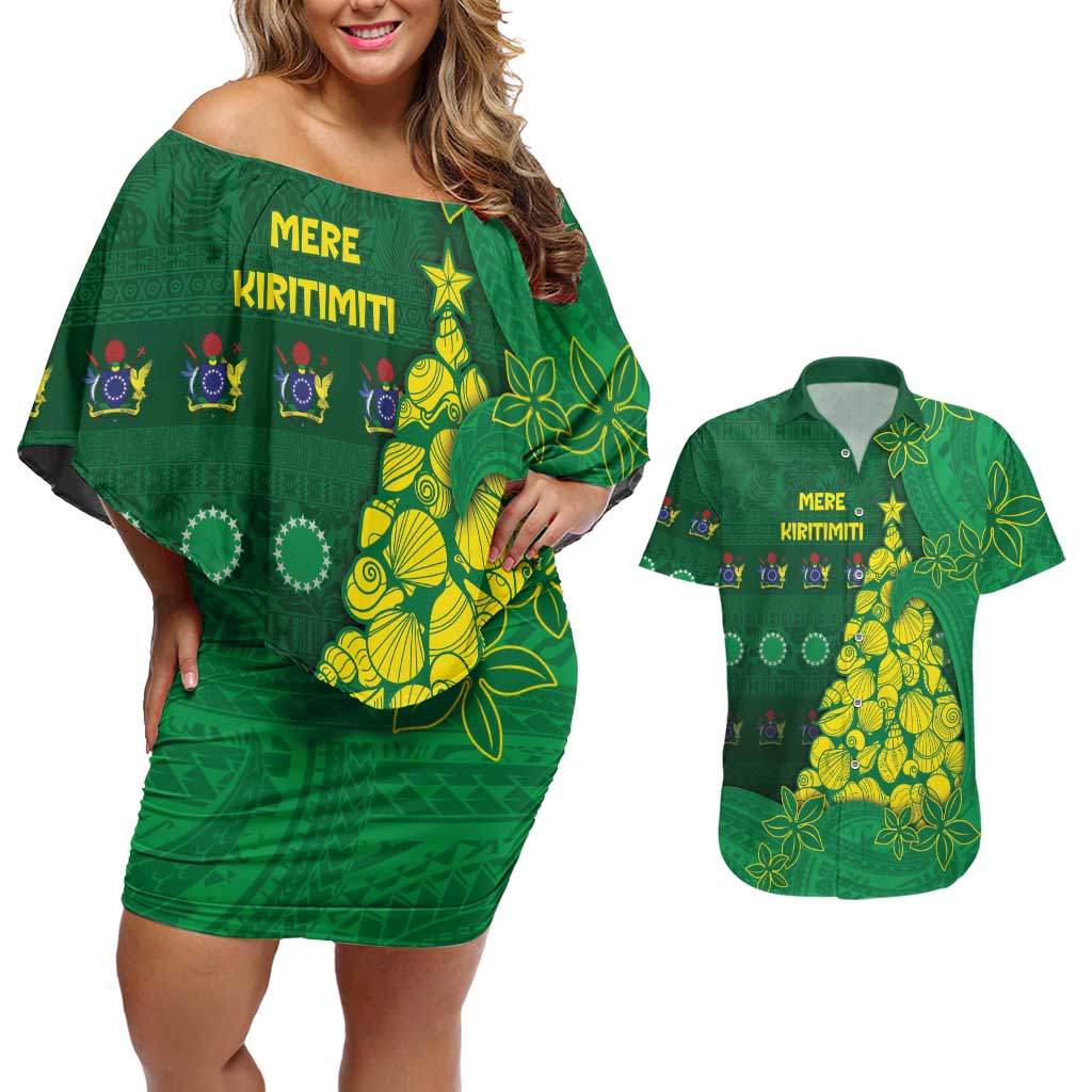 Cook Islands Christmas Couples Matching Off Shoulder Short Dress and Hawaiian Shirt Seashell Xmas Tree Tribal Waves - Polynesian Pride