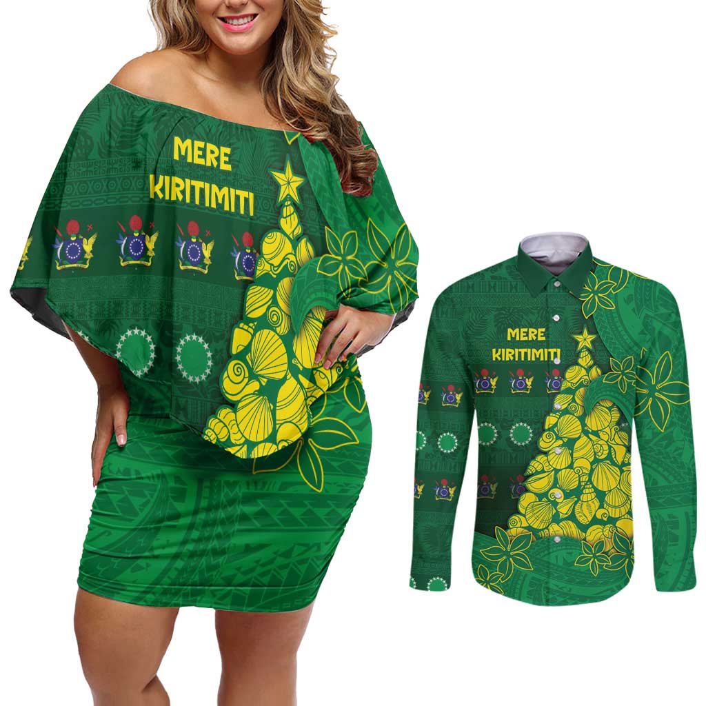 Cook Islands Christmas Couples Matching Off Shoulder Short Dress and Long Sleeve Button Shirt Seashell Xmas Tree Tribal Waves DT05 Green - Polynesian Pride