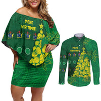 Cook Islands Christmas Couples Matching Off Shoulder Short Dress and Long Sleeve Button Shirt Seashell Xmas Tree Tribal Waves DT05 Green - Polynesian Pride