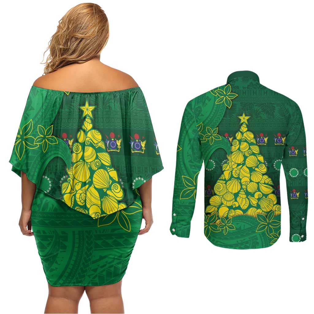 Cook Islands Christmas Couples Matching Off Shoulder Short Dress and Long Sleeve Button Shirt Seashell Xmas Tree Tribal Waves DT05 - Polynesian Pride