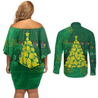 Cook Islands Christmas Couples Matching Off Shoulder Short Dress and Long Sleeve Button Shirt Seashell Xmas Tree Tribal Waves DT05 - Polynesian Pride