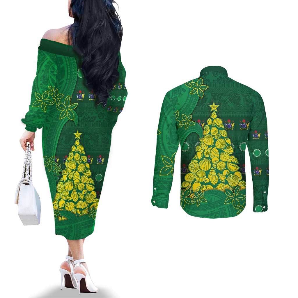 Cook Islands Christmas Couples Matching Off The Shoulder Long Sleeve Dress and Long Sleeve Button Shirt Seashell Xmas Tree Tribal Waves - Polynesian Pride