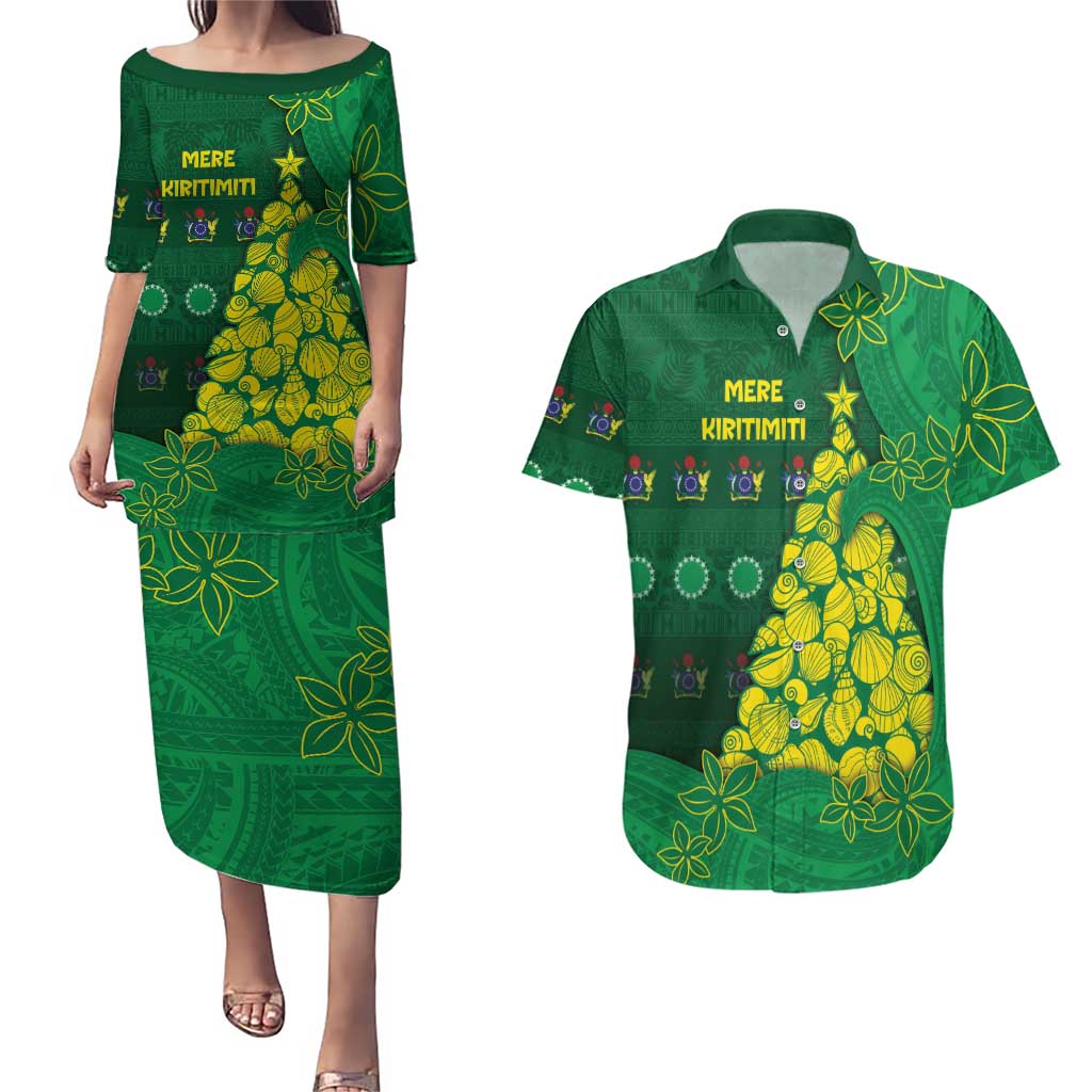 Cook Islands Christmas Couples Matching Puletasi and Hawaiian Shirt Seashell Xmas Tree Tribal Waves - Polynesian Pride