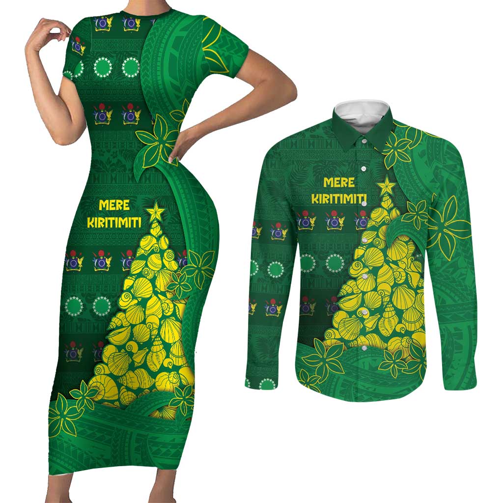 Cook Islands Christmas Couples Matching Short Sleeve Bodycon Dress and Long Sleeve Button Shirt Seashell Xmas Tree Tribal Waves - Polynesian Pride
