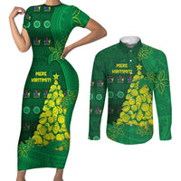 Cook Islands Christmas Couples Matching Short Sleeve Bodycon Dress and Long Sleeve Button Shirt Seashell Xmas Tree Tribal Waves - Polynesian Pride