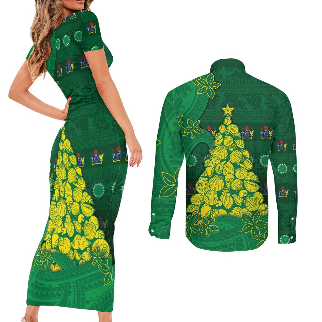 Cook Islands Christmas Couples Matching Short Sleeve Bodycon Dress and Long Sleeve Button Shirt Seashell Xmas Tree Tribal Waves - Polynesian Pride