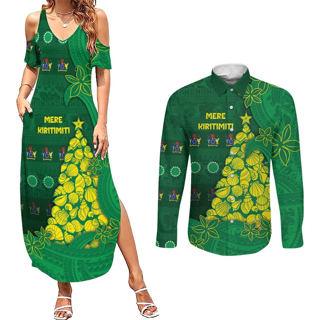 Cook Islands Christmas Couples Matching Summer Maxi Dress and Long Sleeve Button Shirt Seashell Xmas Tree Tribal Waves - Polynesian Pride
