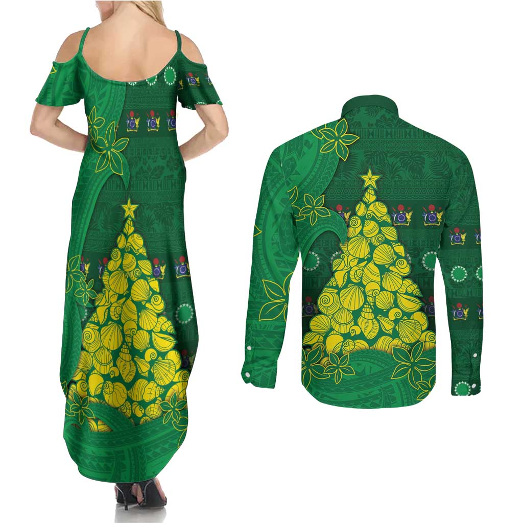Cook Islands Christmas Couples Matching Summer Maxi Dress and Long Sleeve Button Shirt Seashell Xmas Tree Tribal Waves - Polynesian Pride