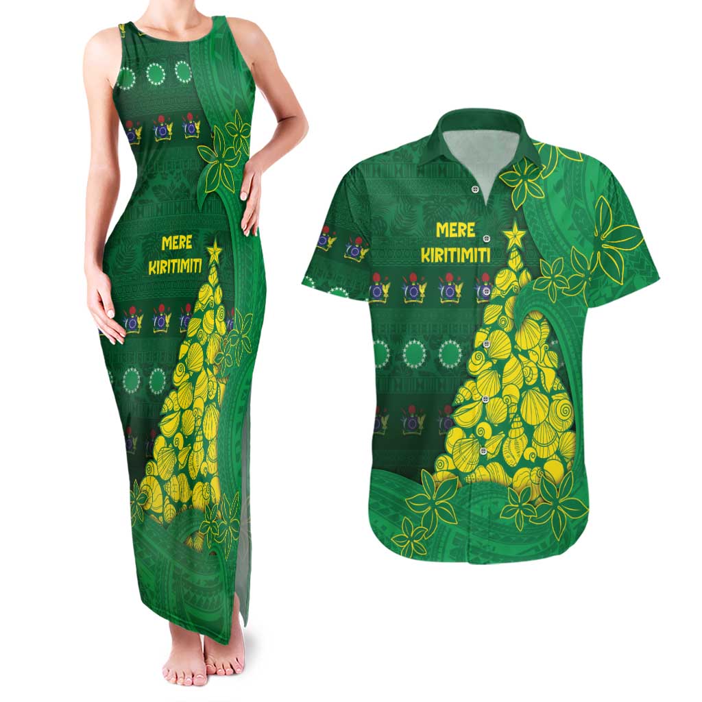 Cook Islands Christmas Couples Matching Tank Maxi Dress and Hawaiian Shirt Seashell Xmas Tree Tribal Waves - Polynesian Pride