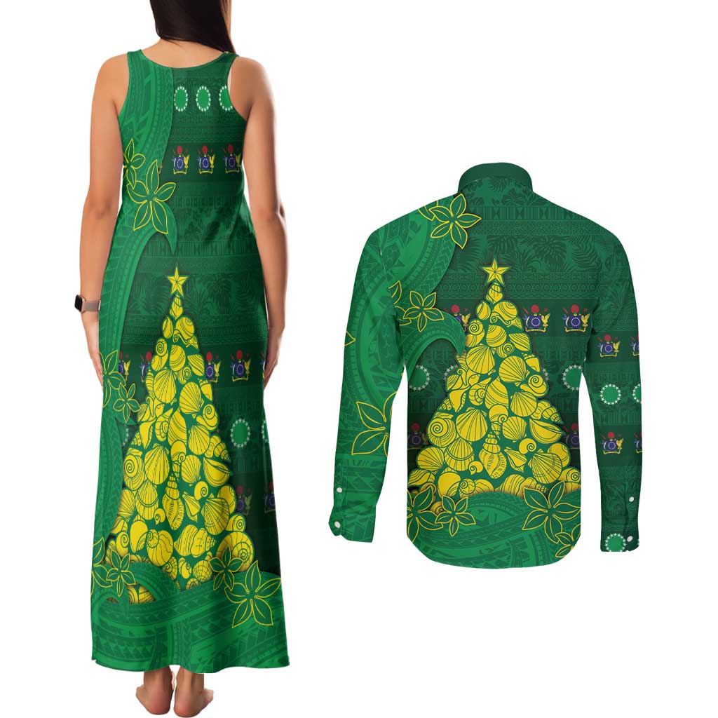 Cook Islands Christmas Couples Matching Tank Maxi Dress and Long Sleeve Button Shirt Seashell Xmas Tree Tribal Waves - Polynesian Pride
