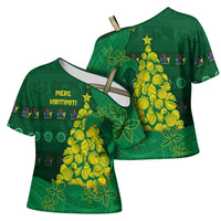 Cook Islands Christmas Cross Shoulder Shirt Seashell Xmas Tree Tribal Waves - Polynesian Pride
