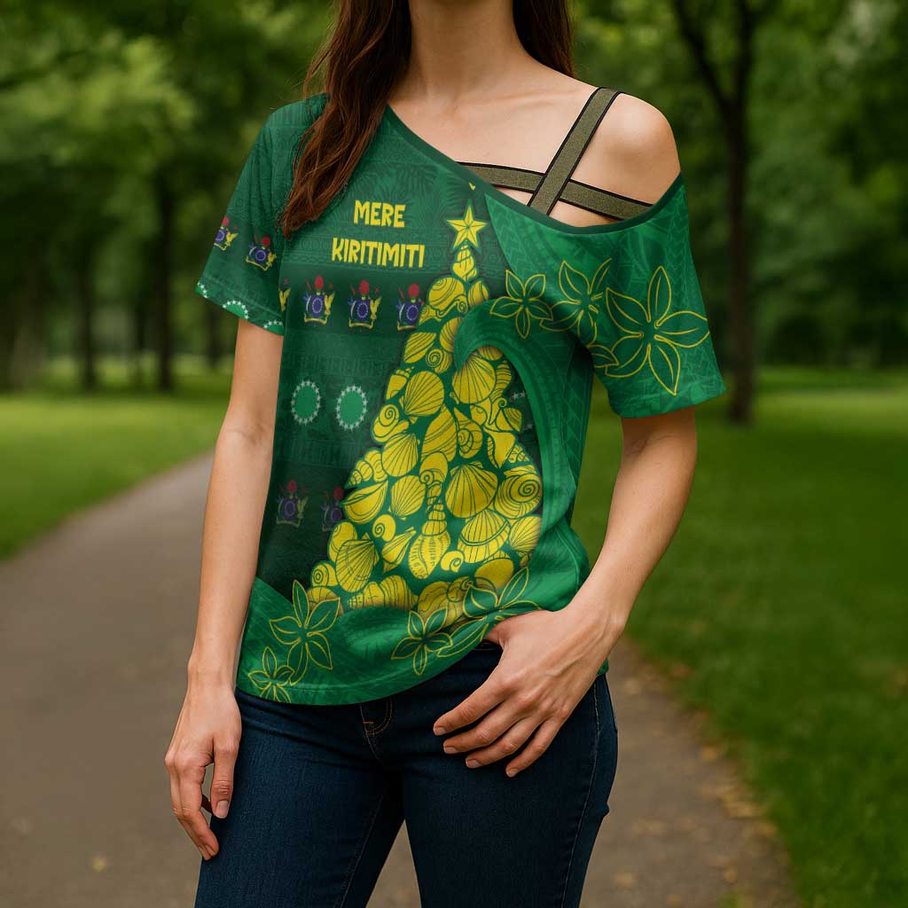 Cook Islands Christmas Cross Shoulder Shirt Seashell Xmas Tree Tribal Waves - Polynesian Pride