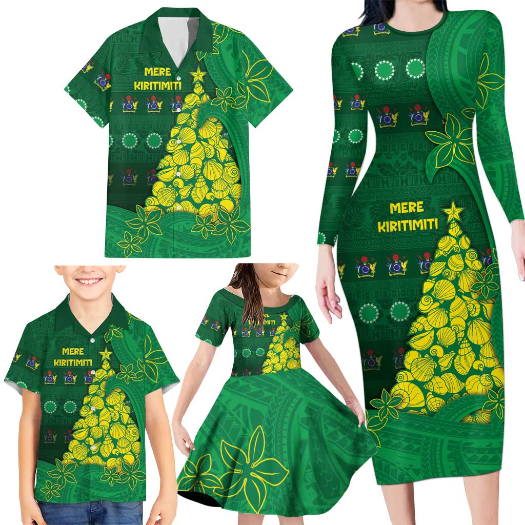 Cook Islands Christmas Family Matching Long Sleeve Bodycon Dress and Hawaiian Shirt Seashell Xmas Tree Tribal Waves - Polynesian Pride